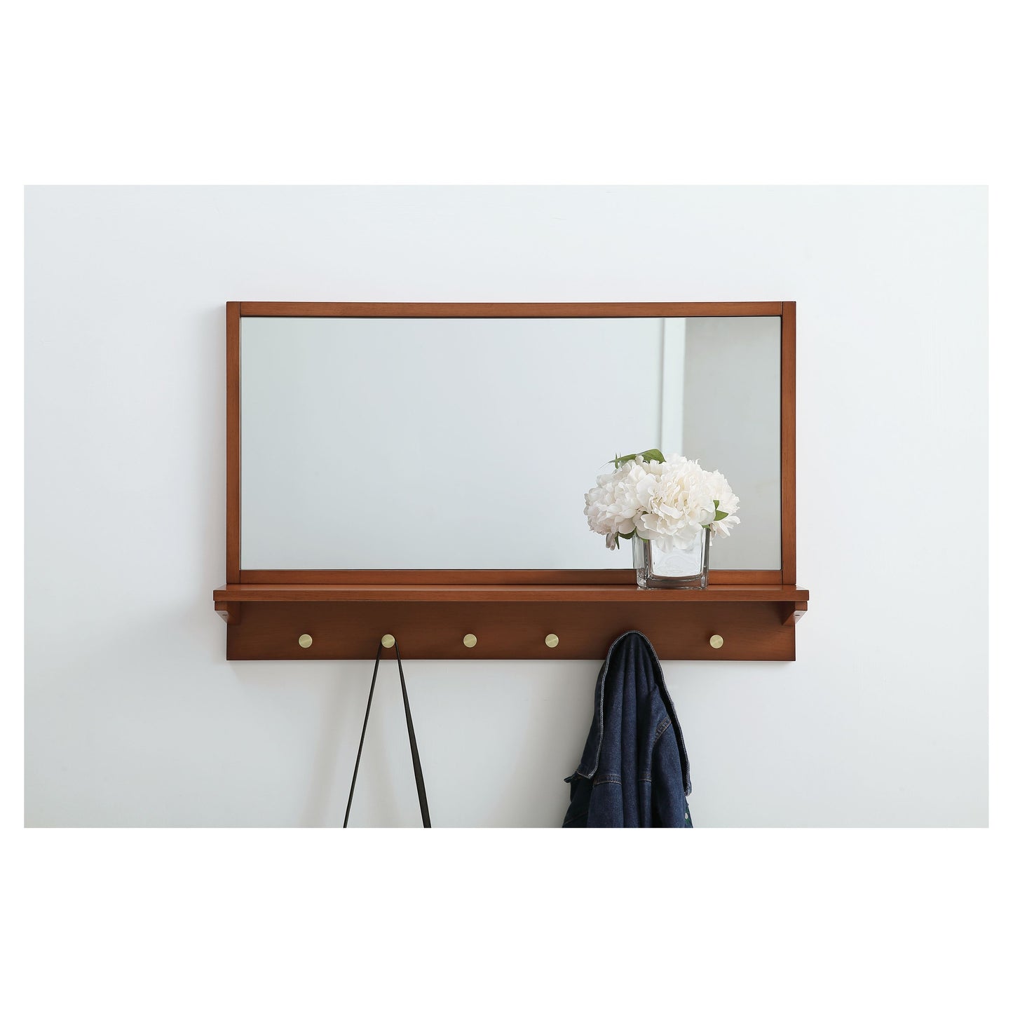 MR503421PE Elle 34" x 21" Entryway Mirror with Brass Hooks in Pecan