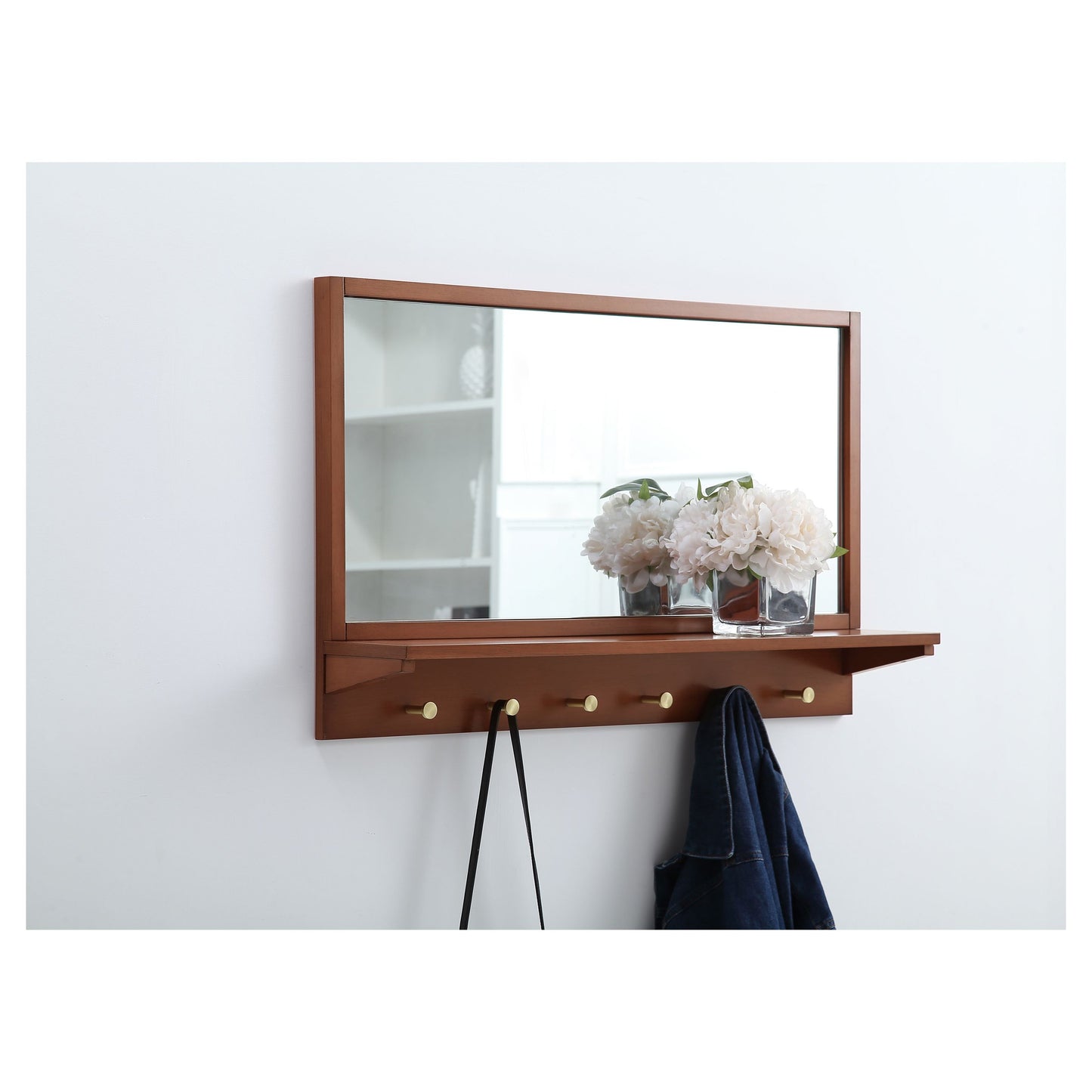 MR503421PE Elle 34" x 21" Entryway Mirror with Brass Hooks in Pecan