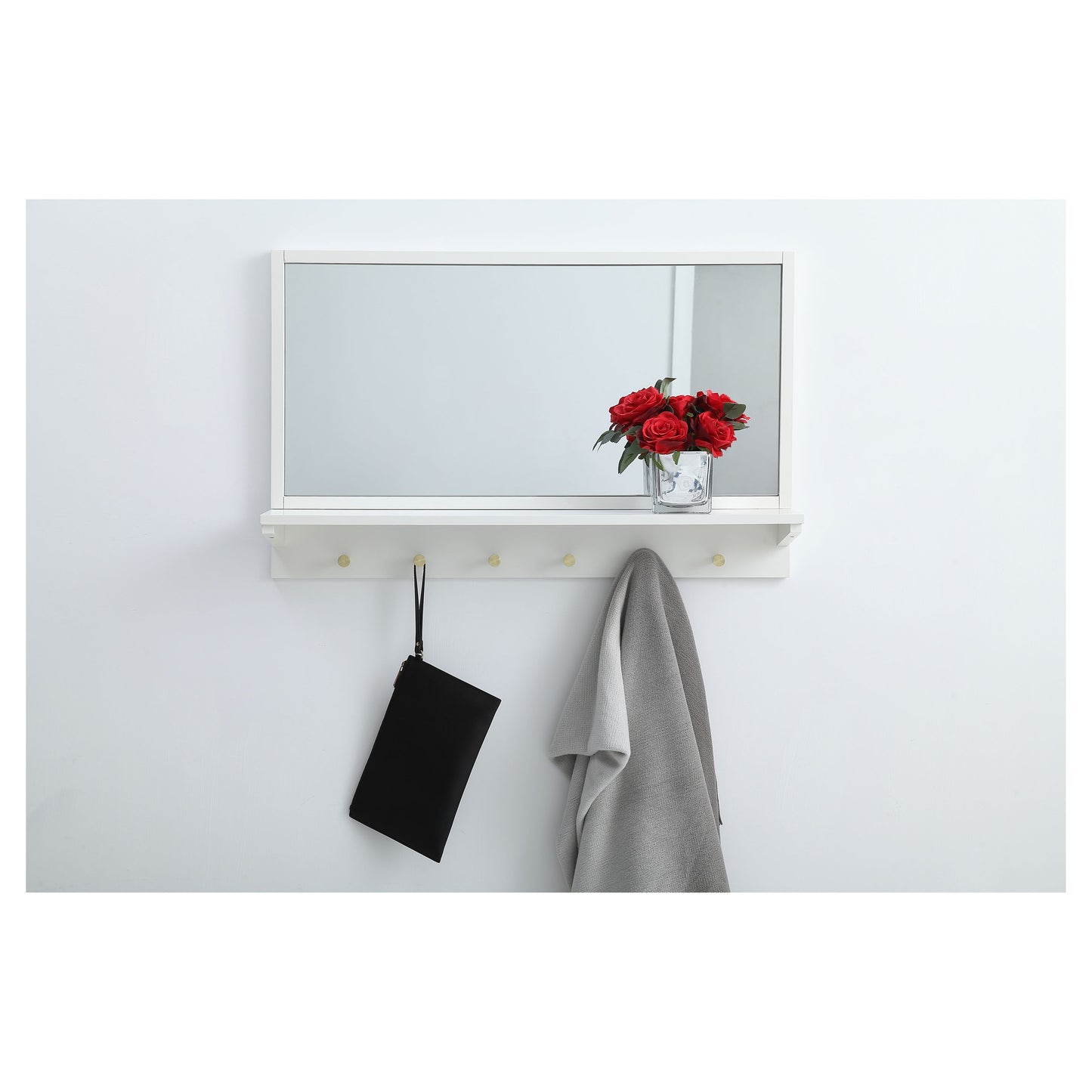 MR503421WH Elle 34" x 21" Entryway Mirror with Brass Hooks in White