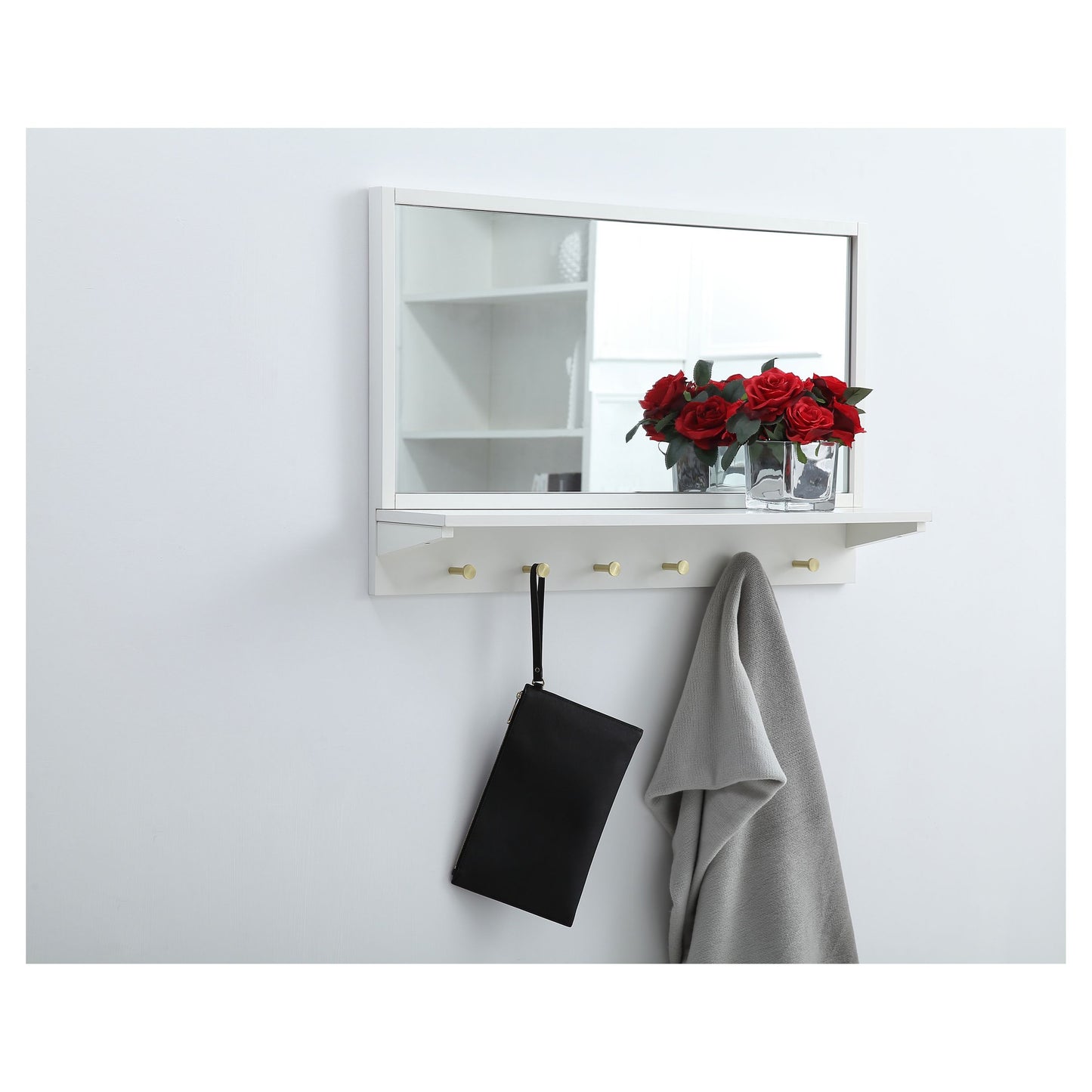 MR503421WH Elle 34" x 21" Entryway Mirror with Brass Hooks in White
