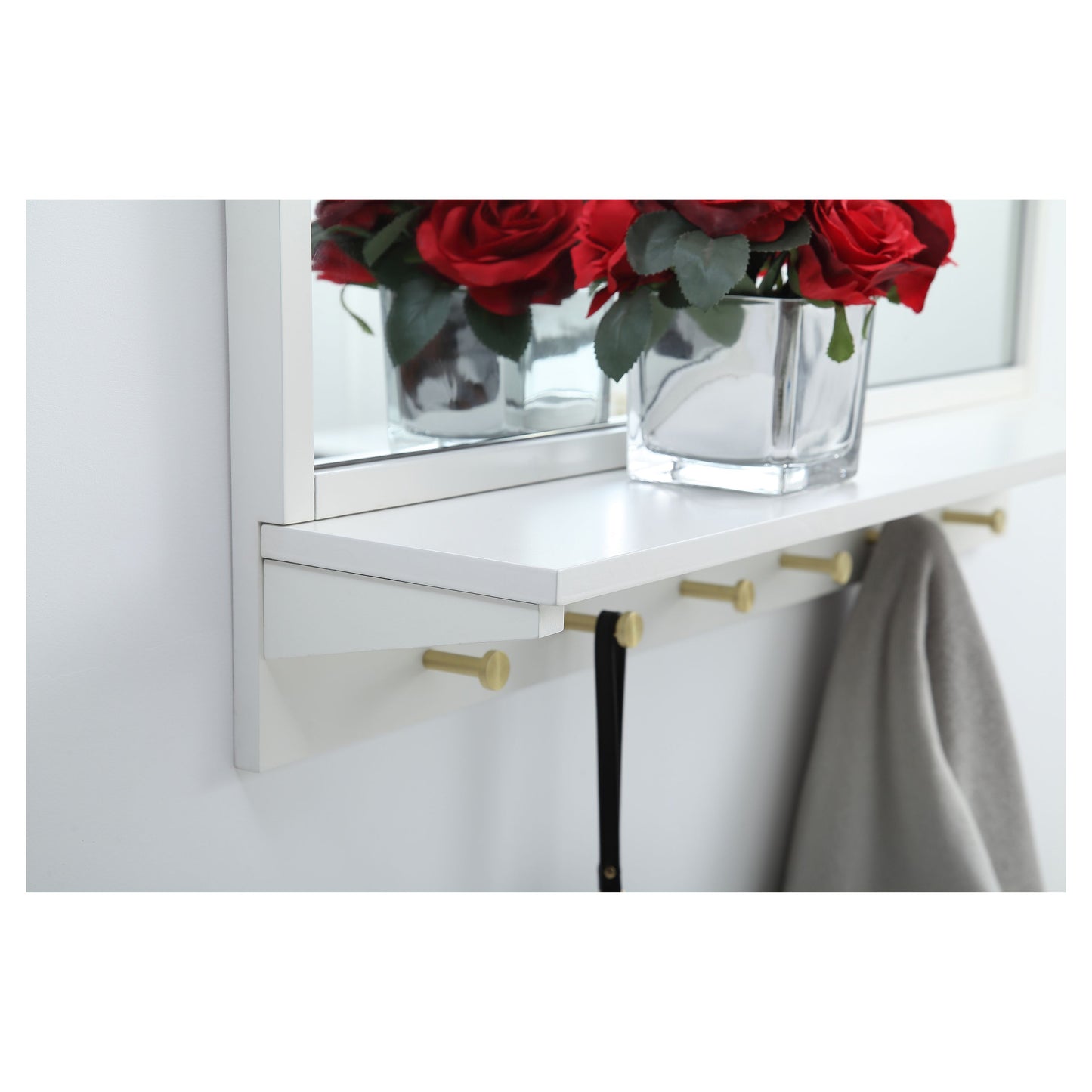 MR503421WH Elle 34" x 21" Entryway Mirror with Brass Hooks in White