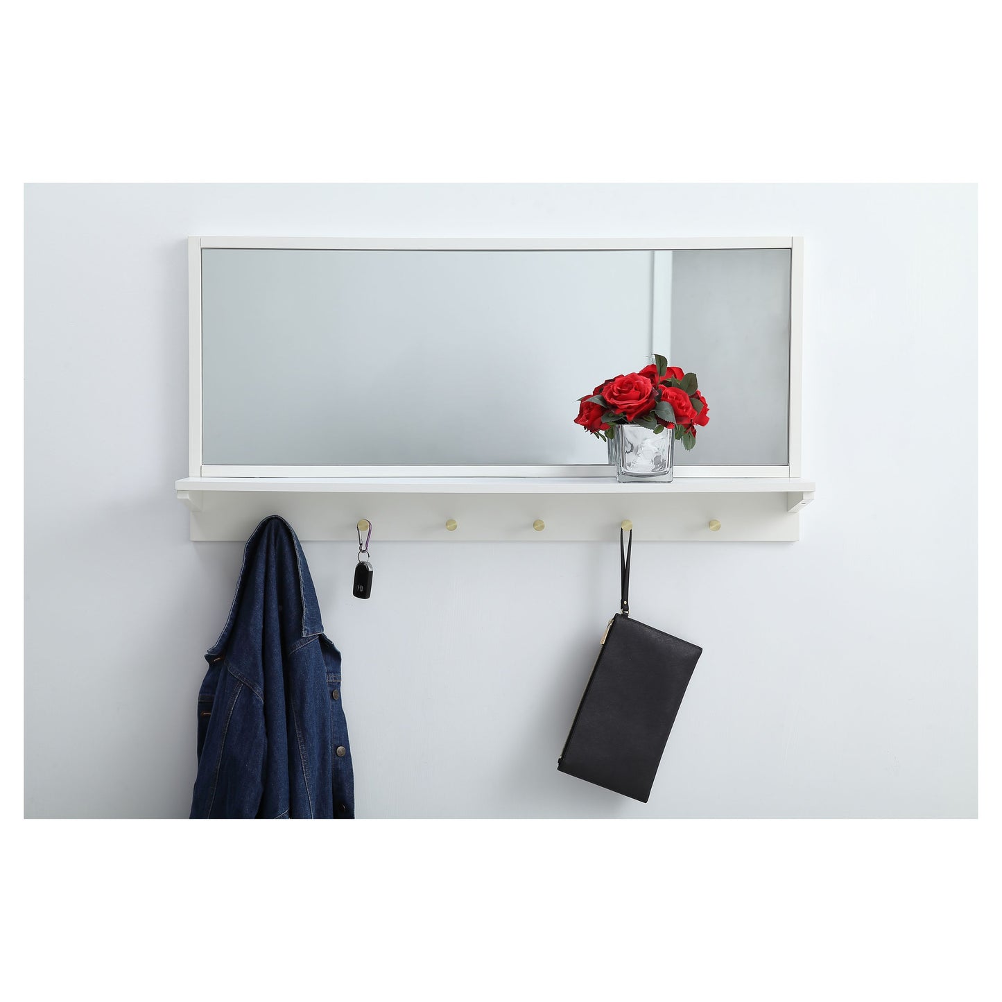 MR504221WH Elle 42" x 21" Entryway Mirror with Brass Hooks in White