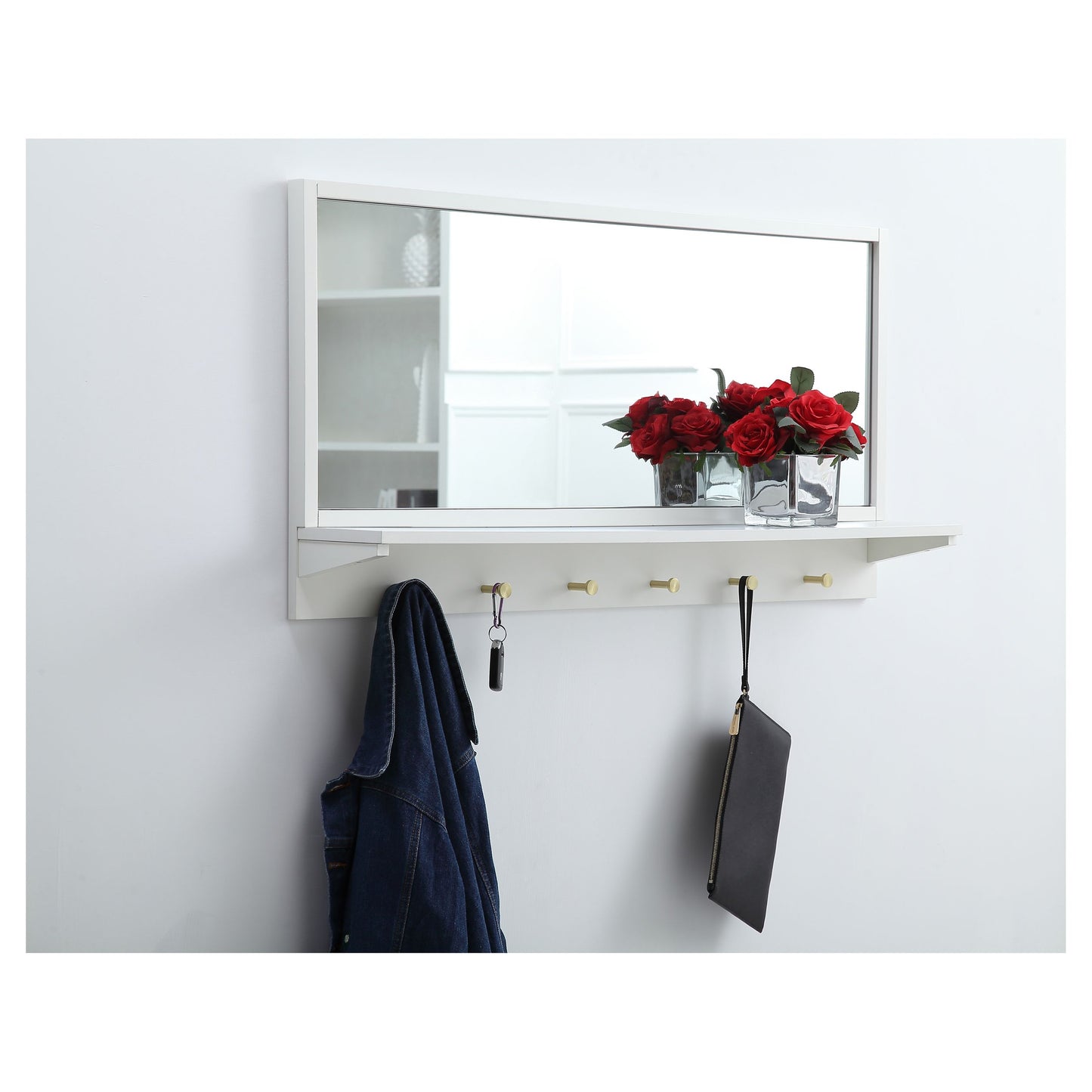 MR504221WH Elle 42" x 21" Entryway Mirror with Brass Hooks in White