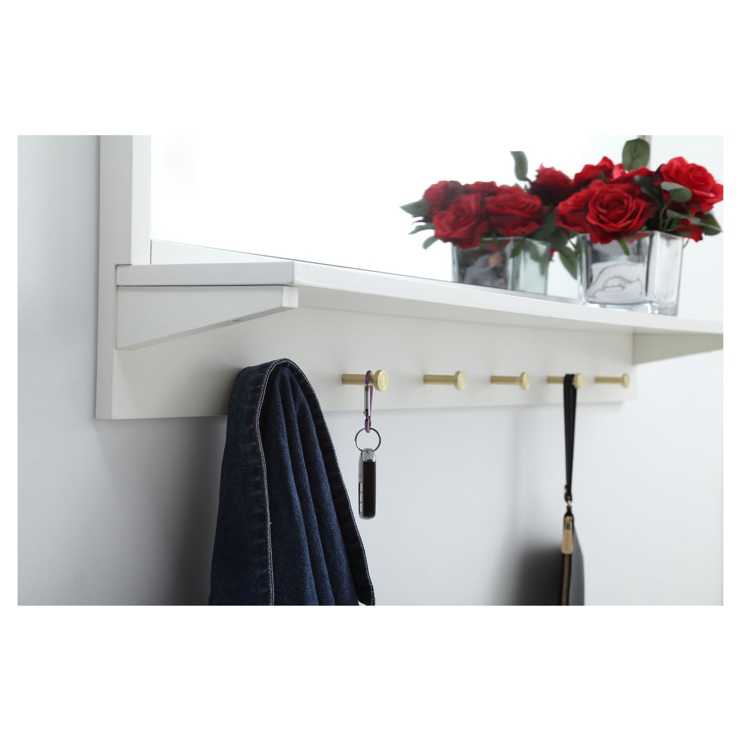 MR504221WH Elle 42" x 21" Entryway Mirror with Brass Hooks in White