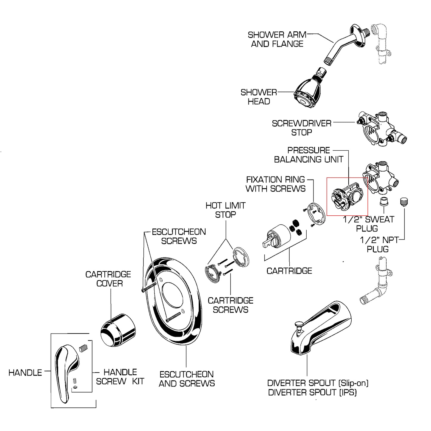 M952100-0070A - Pressure Balance Unit for Single-Control Tub/Shower Valve