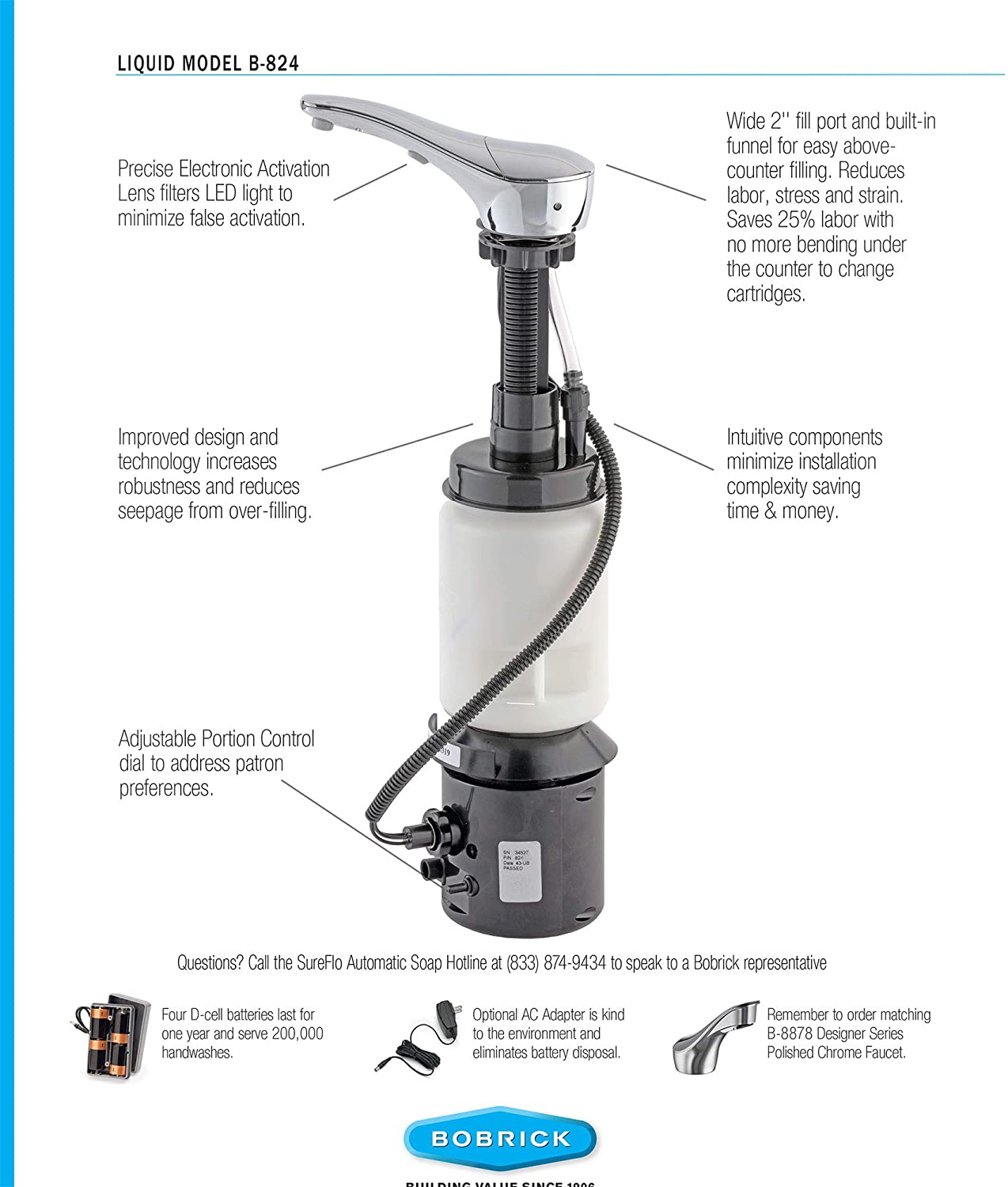 Bobrick 824 - Automatic Touch-Free Top Fill Liquid Soap Dispenser in Polished Chrome