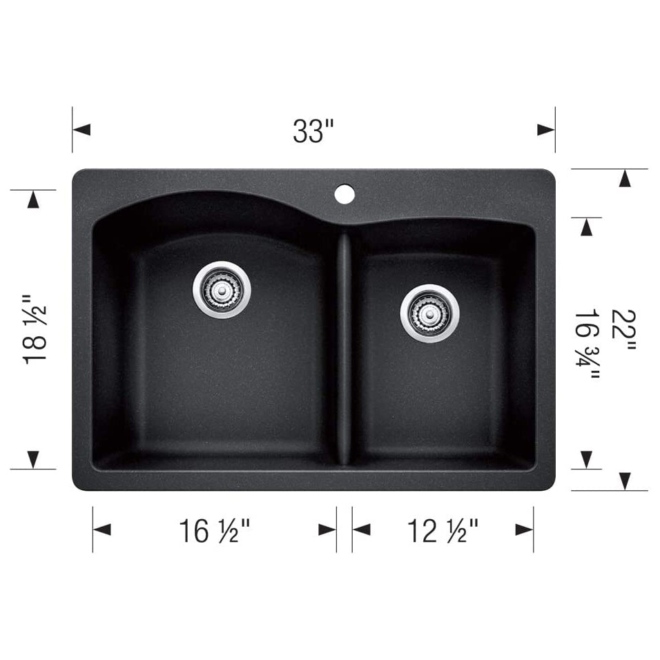 Diamond 1-3/4 Double Bowl Drop-In or Undermount Kitchen Sink, 33" X 22"  - Anthracite