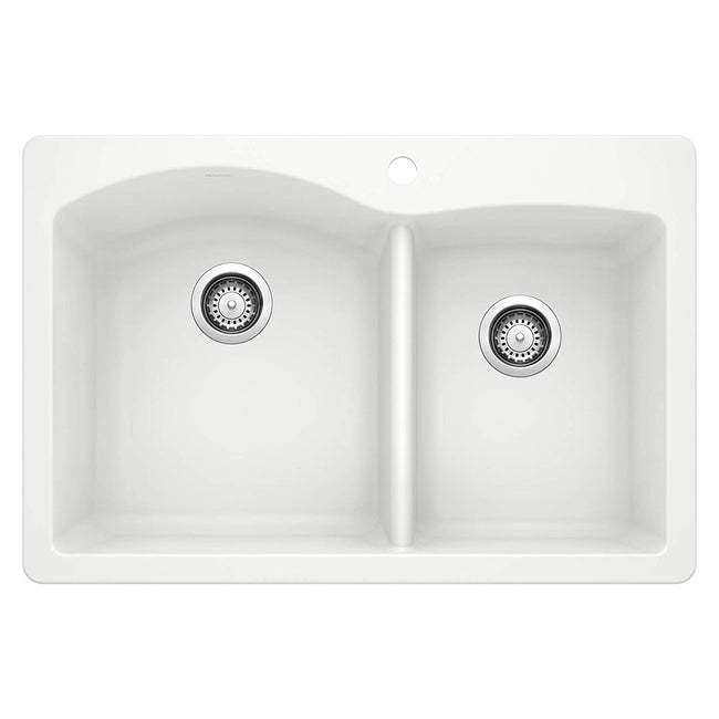 Diamond 1-3/4 Double Bowl Drop-In or Undermount Kitchen Sink, 33" X 22" - White