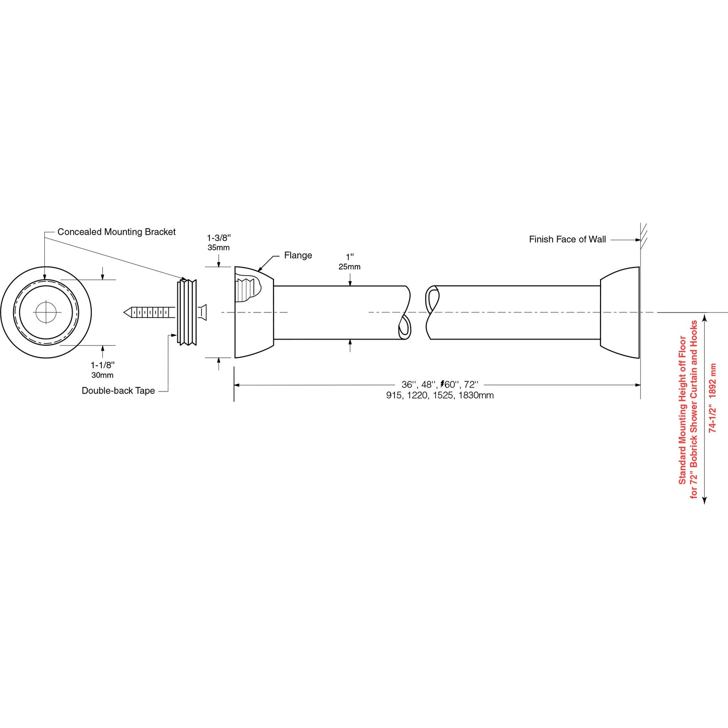 Bobrick 207x60 - 60" Shower Curtain Rod with Concealed Mounting in Satin Stainless Steel