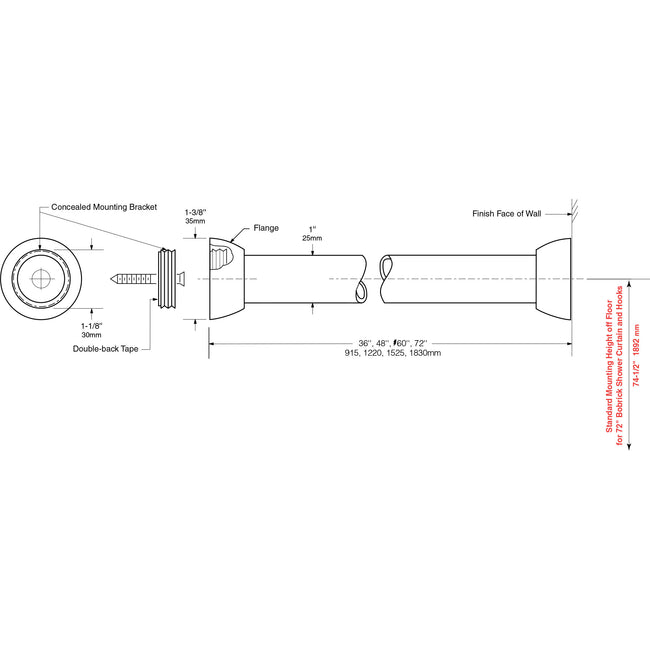 Bobrick 207x60 - 60" Shower Curtain Rod with Concealed Mounting in Satin Stainless Steel