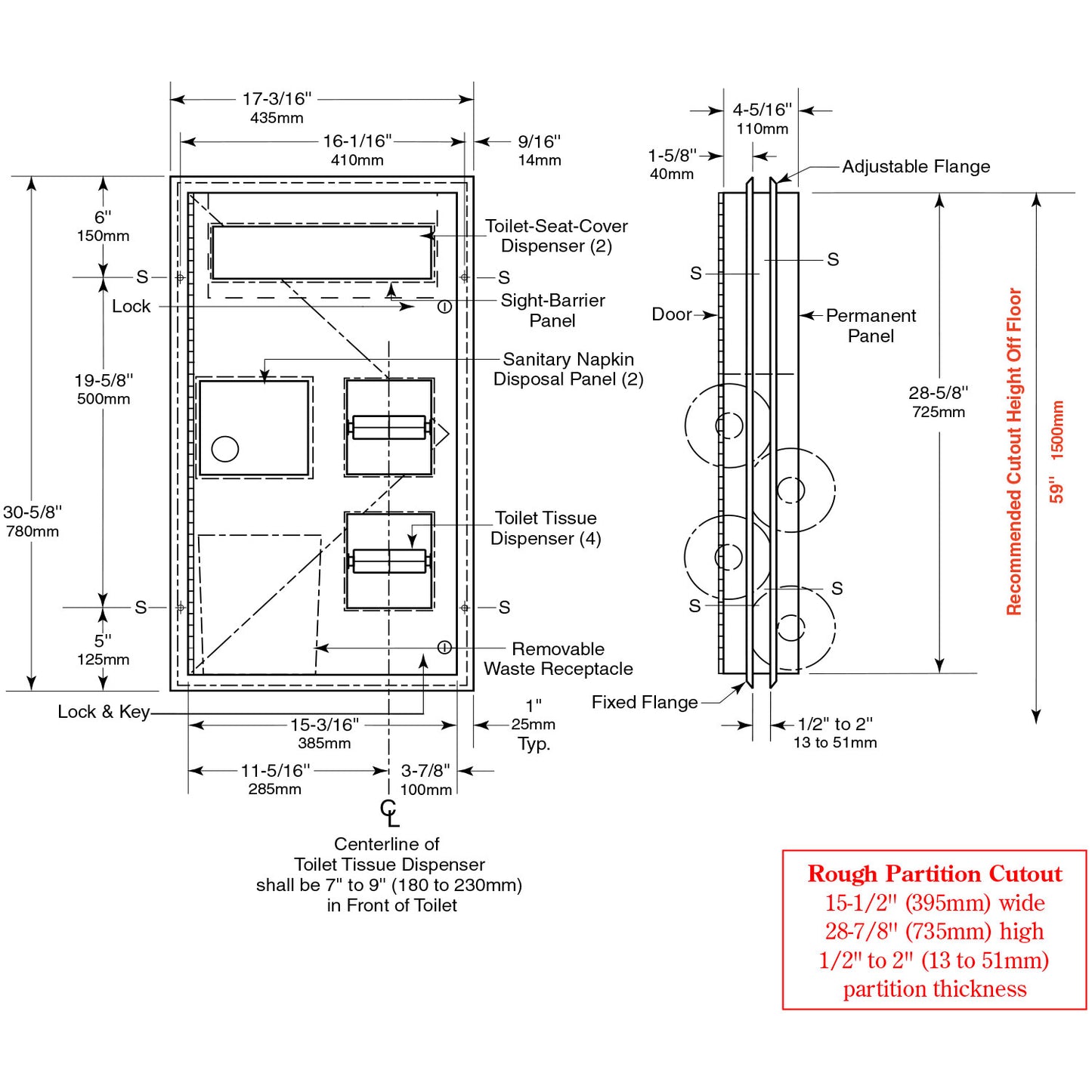 Bobrick 357 - ClassicSeries Partition Mounted, Seat Cover, Sanitary Disposal, Toilet Tissue Dispense