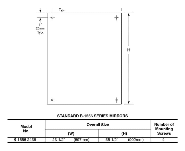 Bobrick 1556  - 24" x 36" Frameless Wall Mirror