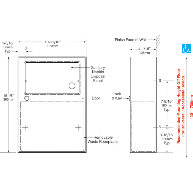 Bobrick 254 - ClassicSeries Surface Mounted Sanitary Napkin Disposal in Satin Stainless Steel