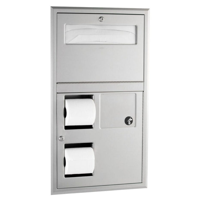 Bobrick 35745 - Recessed Seat-Cover Dispenser, Sanitary Napkin Disposal and Toilet Tissue Dispenser in Satin Stainless Steel