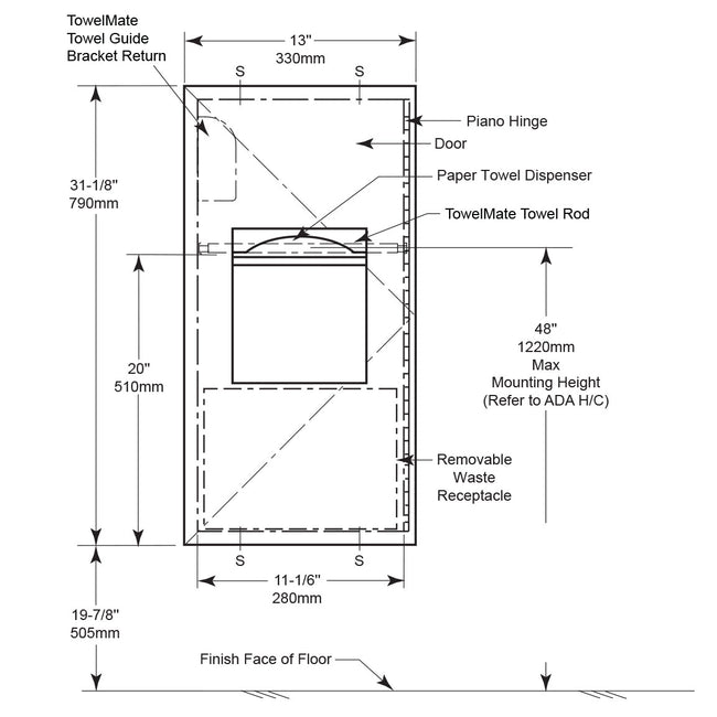Bobrick 36903 - TrimLineSeries Recessed Paper Towel Dispenser and Waste Receptacle in Satin Stainles