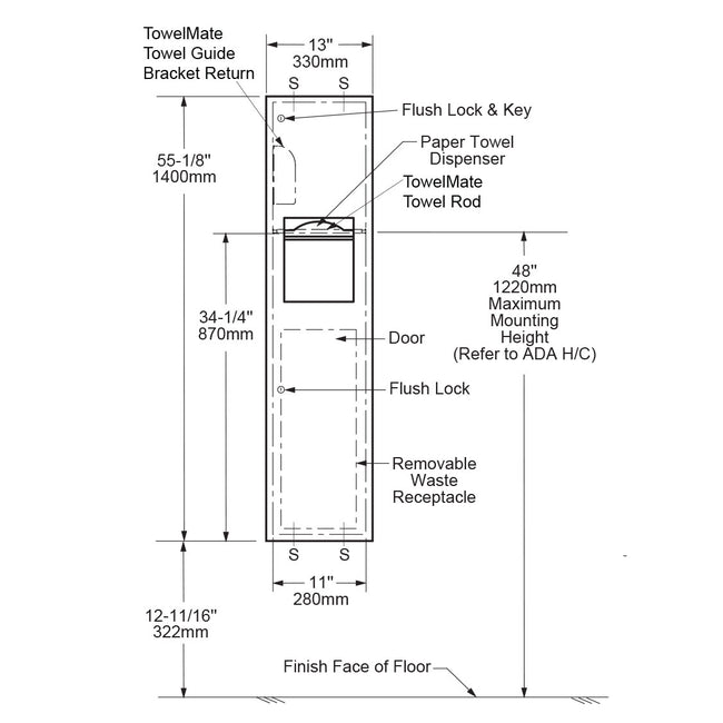 Bobrick 38034 - TrimLineSeries Recessed Paper Towel Dispenser and Waste Receptacle in Satin Stainles