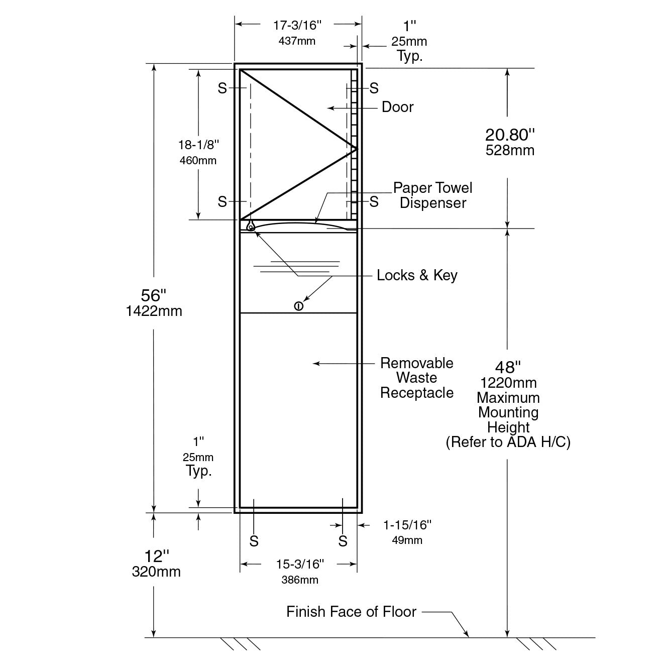 Bobrick 3944 - ClassicSeries Recessed Convertible Paper Towel Dispenser/Waste Receptac;e om S