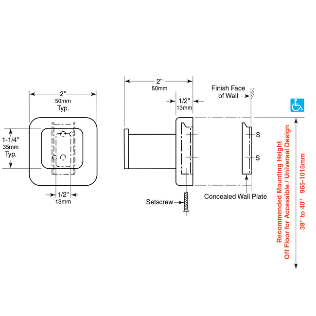 Bobrick 6717 - 2" x 2" Robe Hook in Satin Stainless Steel - 2" Projection