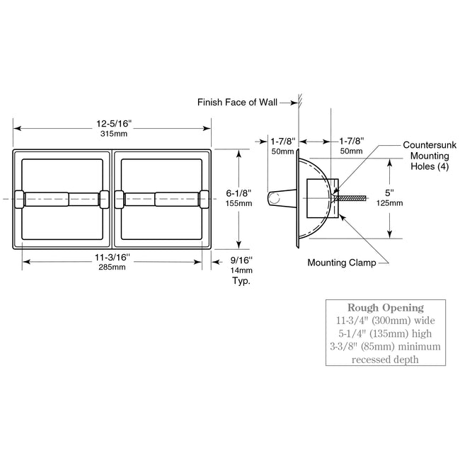 Bobrick 697 - Recessed Dual-Roll Toilet Tissue Dispenser in Polished Stainless Steel