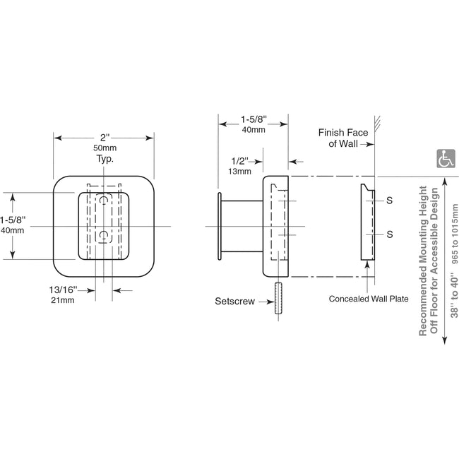 Bobrick 76717 - 2" x 2" Robe Hook in Satin Stainless Steel - 1-5/8" Projection