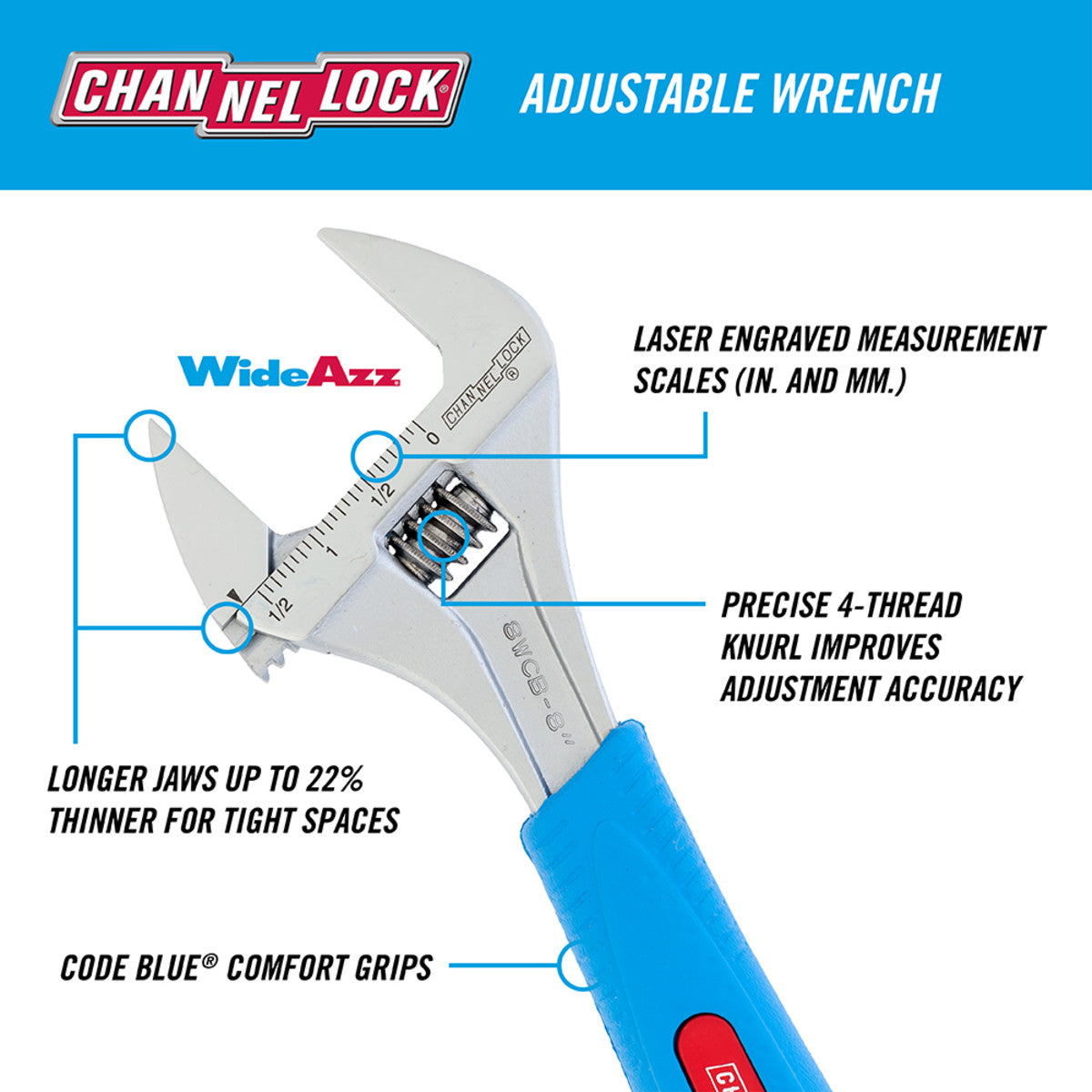 8WCB - 8" Code Blue Wideazz Adjustable Wrench