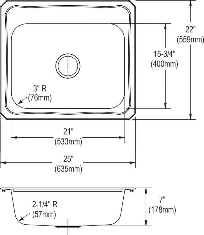 Elkay CR25223 - Elkay Celebrity Stainless Steel 25" x 22" x 7", Single Bowl Drop-in Sink