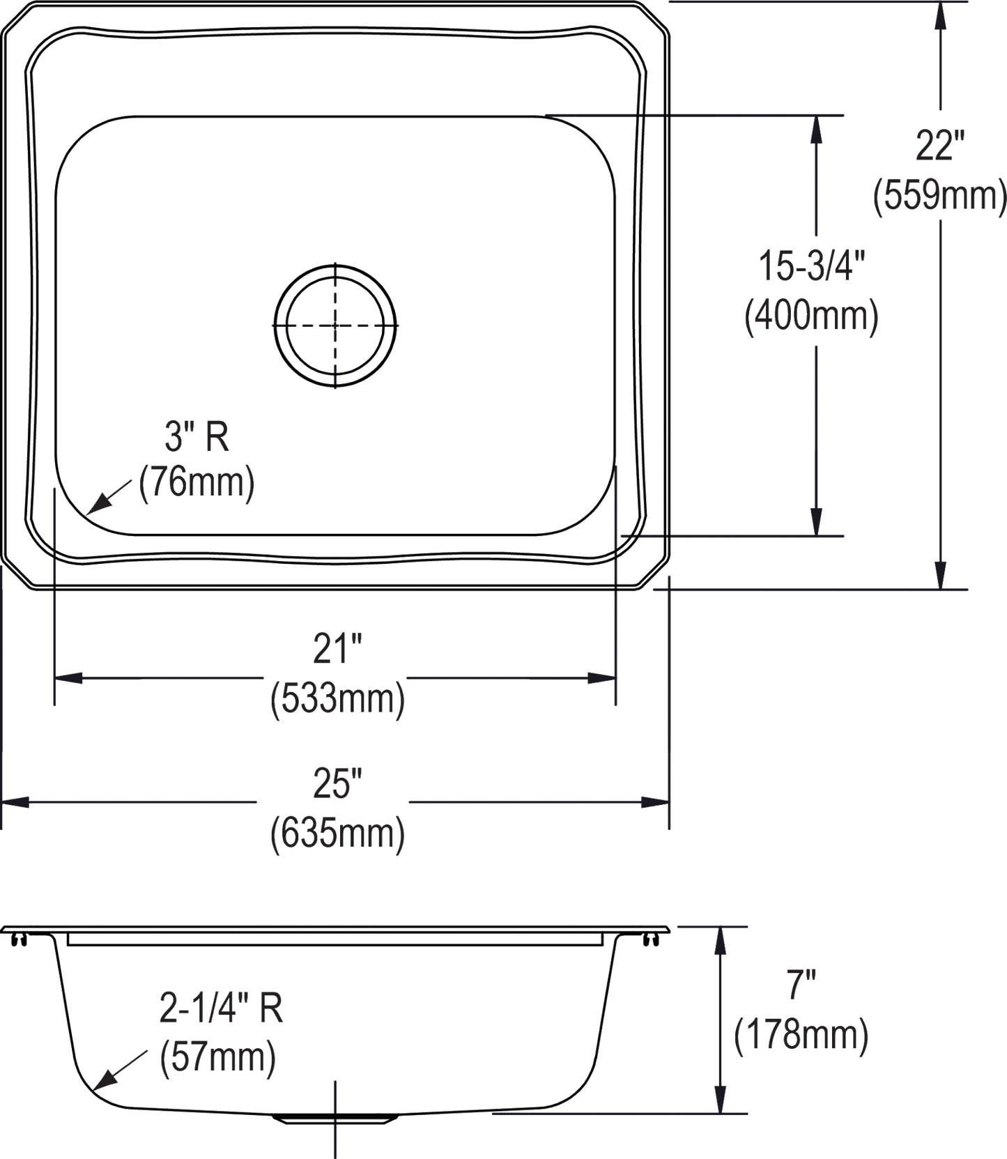 Elkay CR25224 - Elkay Celebrity Stainless Steel 25" x 22" x 7", Single Bowl Drop-in Sink