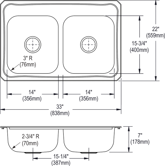 Elkay CR33223 - Elkay Celebrity Stainless Steel 33" x 22" x 7", Equal Double Bowl Drop-in Sink