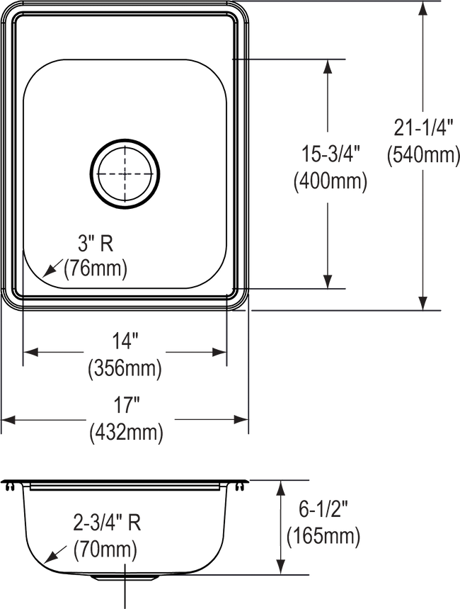 Elkay D117213 - 22 Gauge Stainless Steel 17" x 21.25" x 6.5" Single Bowl Drop-in Bar/Prep Sink