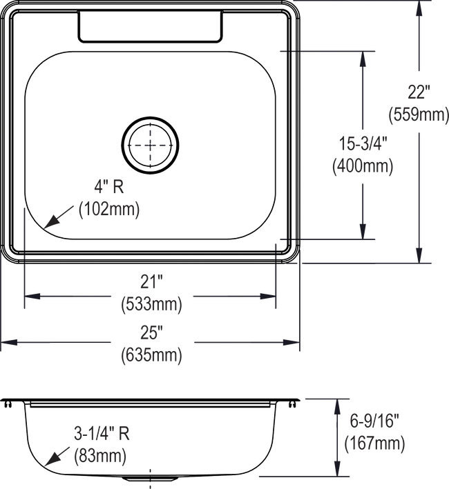 Elkay D125223 - Dayton Stainless Steel 25" x 22" x 6-9/16", Single Bowl Drop-in Sink