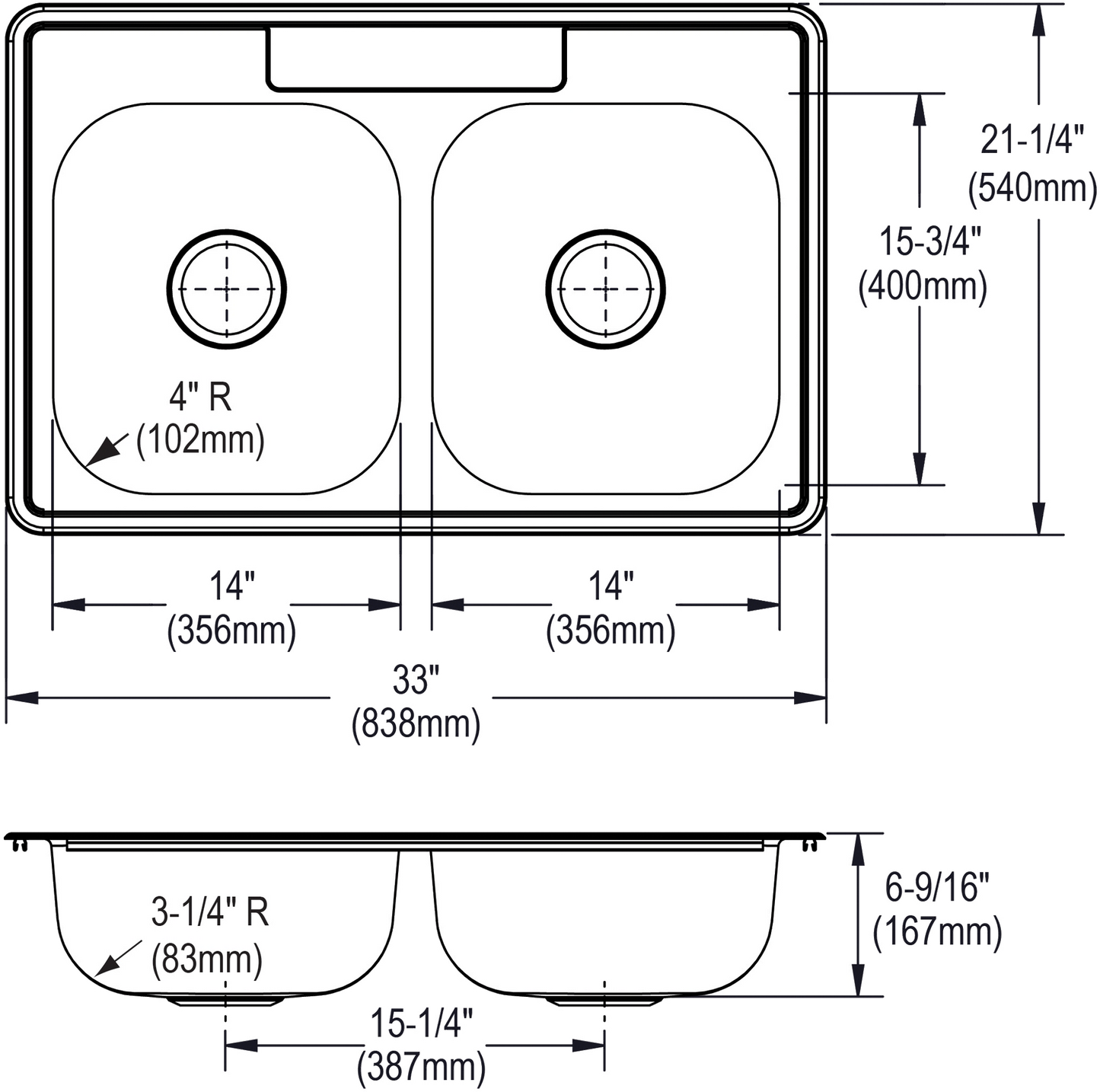Elkay D233213 - Dayton Stainless Steel 33" x 21-1/4" x 6-9/16", Equal Double Bowl Drop-in Sink