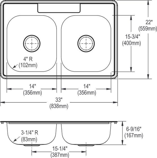 Elkay D233224 - D233224 Dayton Stainless Steel 33" x 22" x 6-9/16", Equal Double Bowl Drop-in Sink