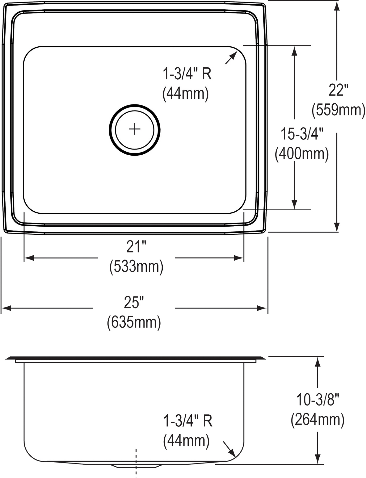 Elkay DLR2522103 - Elkay Lustertone Classic Stainless Steel 25" x 22" x 10-3/8", Single Bowl Drop-in