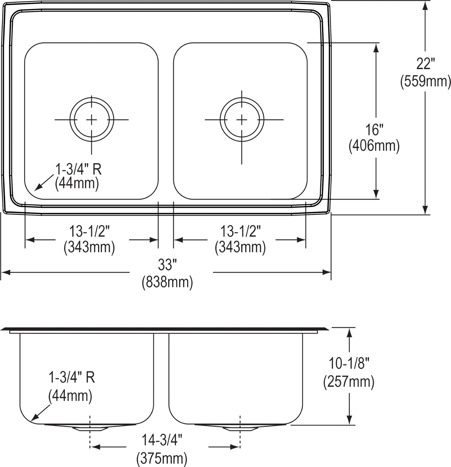 Elkay DLR3322104 - Elkay Lustertone Classic Stainless Steel 33" x 22" x 10-1/8", Equal Double Bowl D