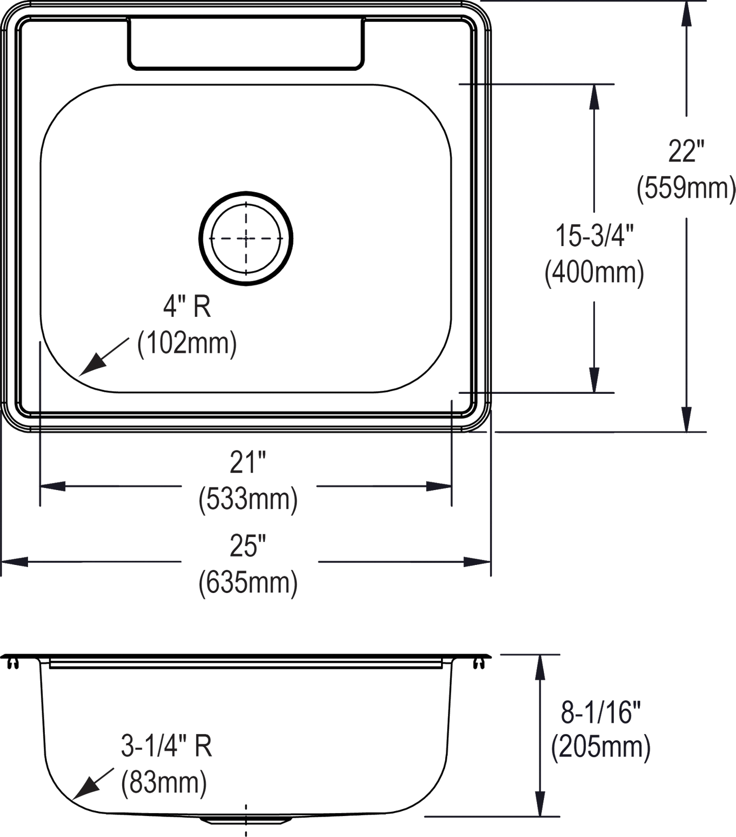 Elkay DSE125223 - Dayton Stainless Steel 25" x 22" x 8-1/16", Single Bowl Drop-in Sink