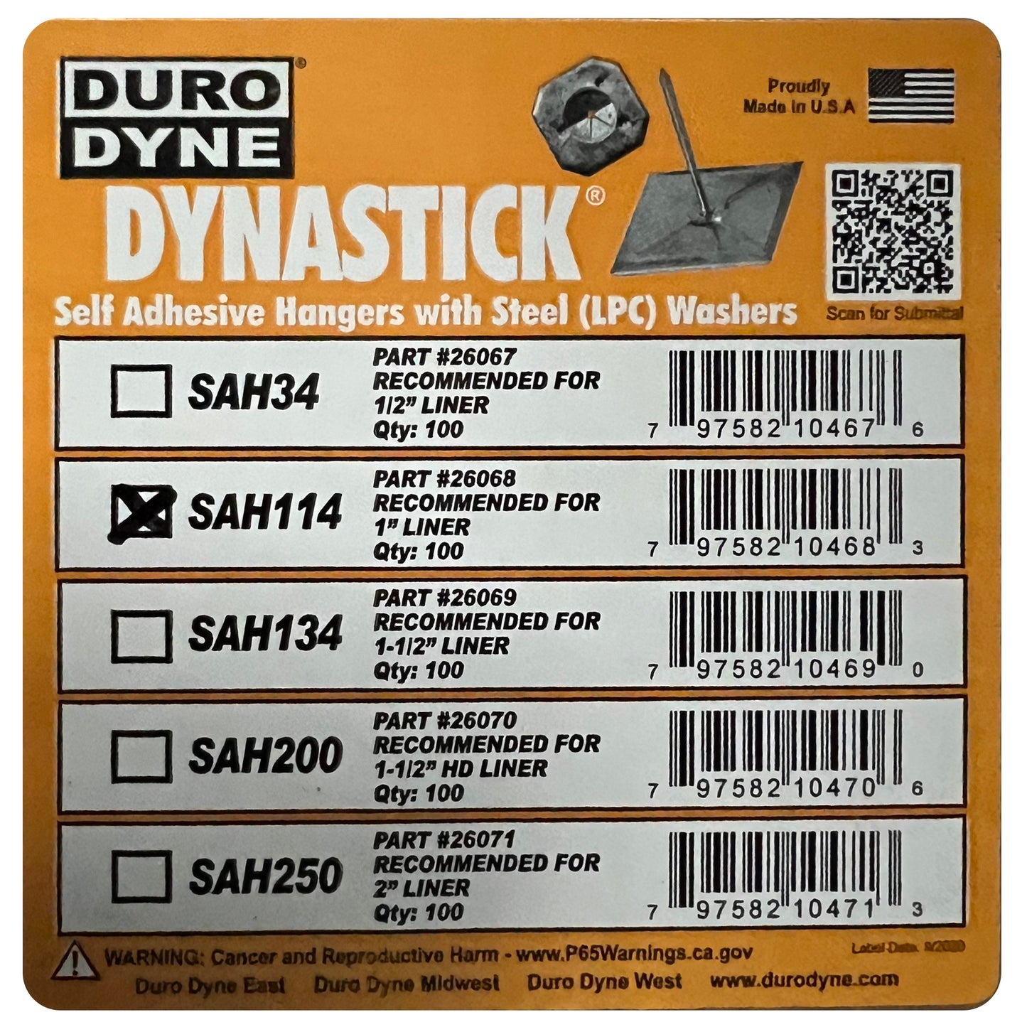 Box of 100 Duro Dyne 1-1/4" Dynastick Self Adhesive Insulation Fastener Hangers