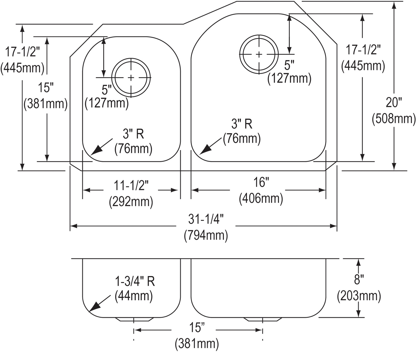 Elkay DXUH3119L - Dayton Stainless Steel 31-1/4" x 20" x 8", Offset 40/60 Double Bowl Undermount Sin
