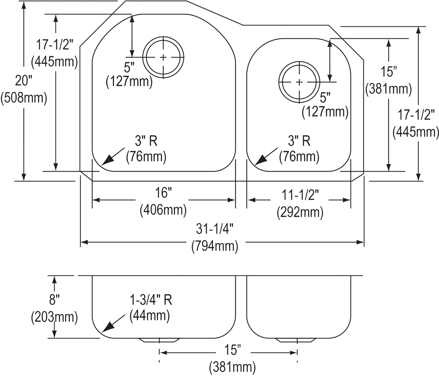Elkay DXUH3119R - Dayton Stainless Steel 31-1/4" x 20" x 8", Offset 60/40 Double Bowl Undermount Sin