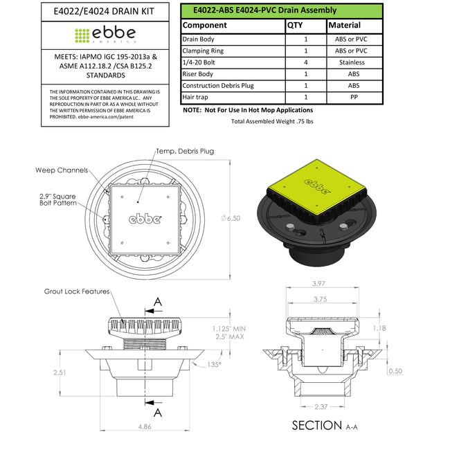 E4022 - ABS Clamp Collar Drain Kit, includes ABS Clamp Collar Drain Base and Square Riser