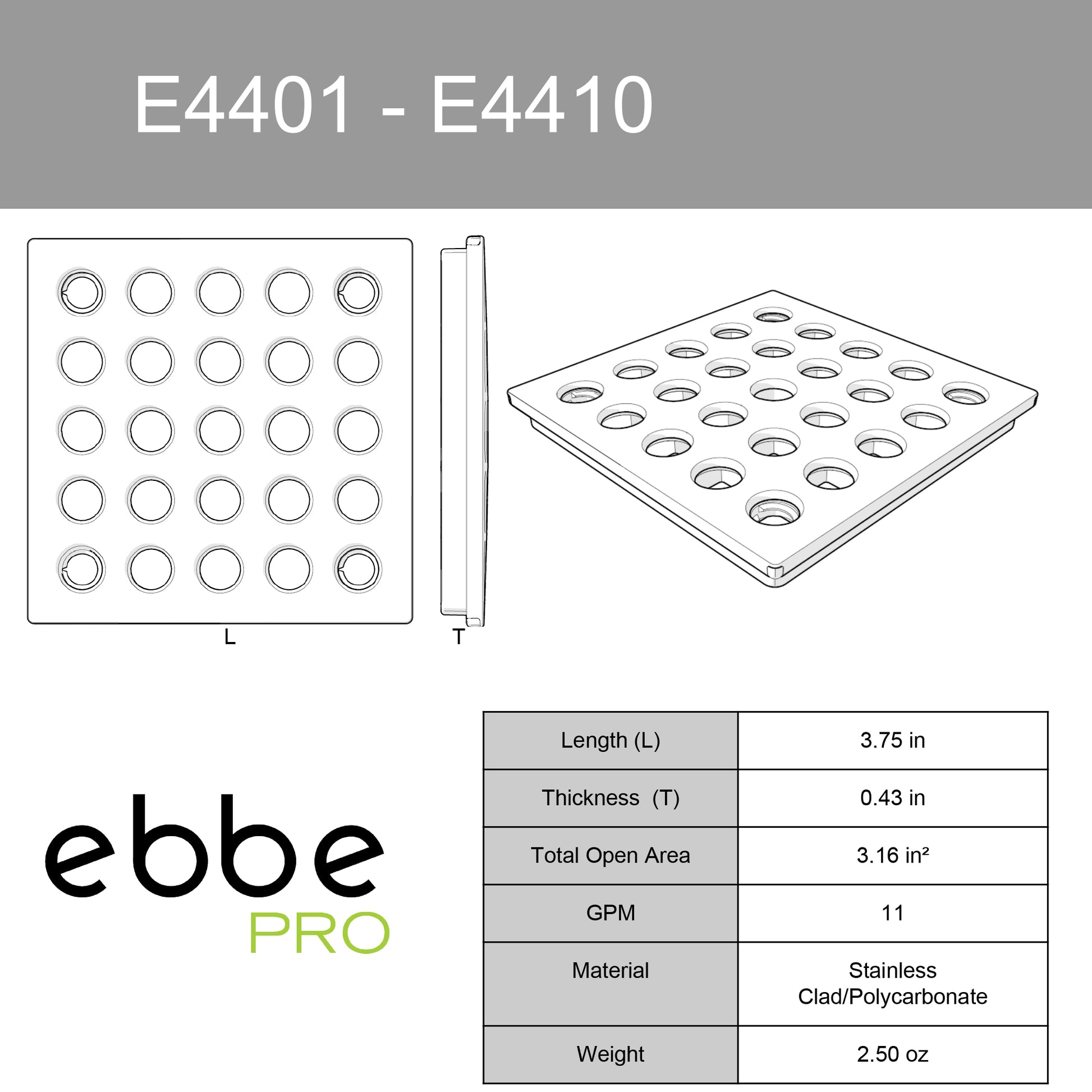 Ebbe E4401 Square Shower Drain Grate Silver
