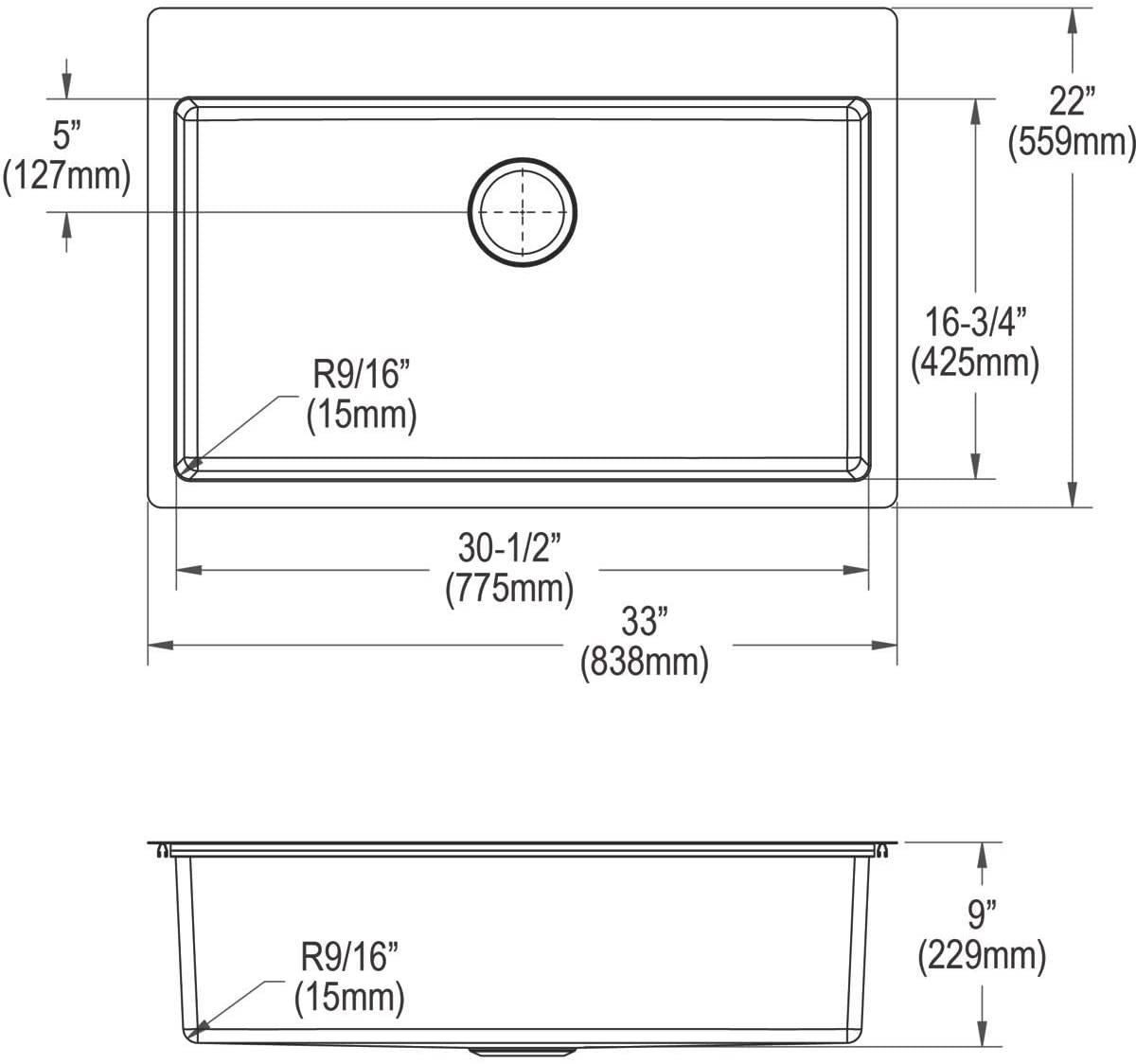 Elkay ECTSRS33229TBGFR2 - 18 Gauge Stainless Steel 33" x 22" x 9" Single Bowl Dual Mount Kitchen Sin