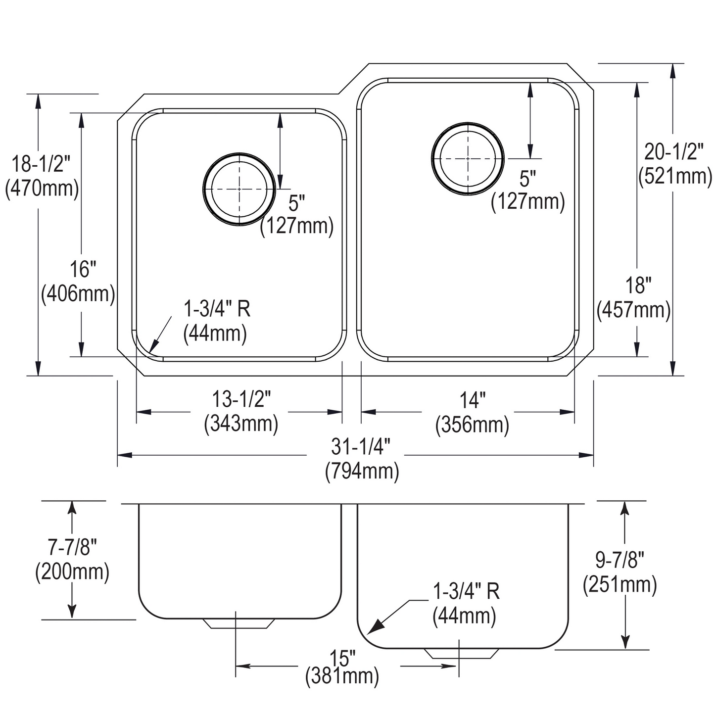 Elkay ELUH3120L - 31-1/4" x 20-1/2" Lustertone Classic Stainless Steel Offset Double Bowl Undermount Kitchen Sink