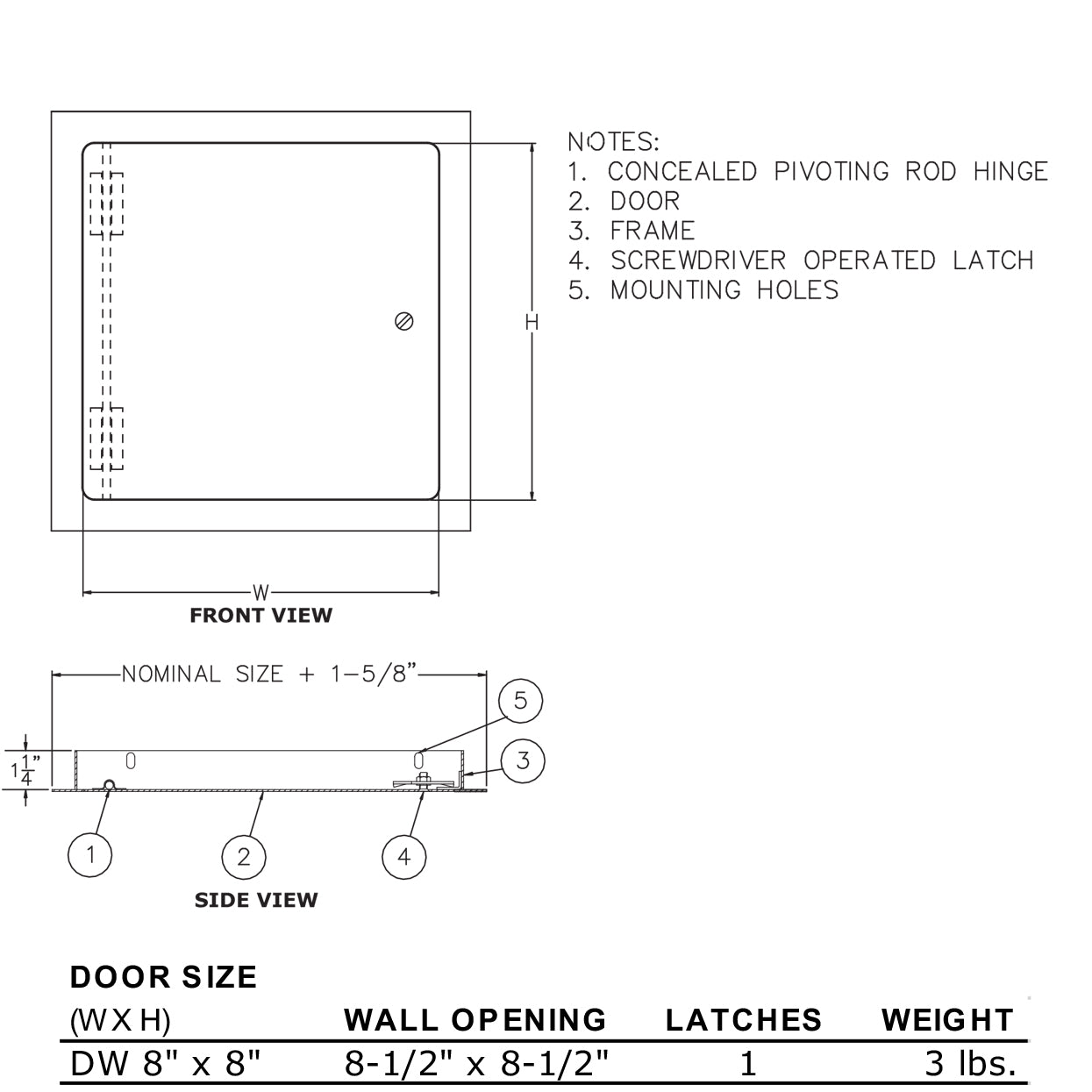 8" x 8" Metal Dry Wall Access Door, Screwdriver Latch, Prime Coat Finish