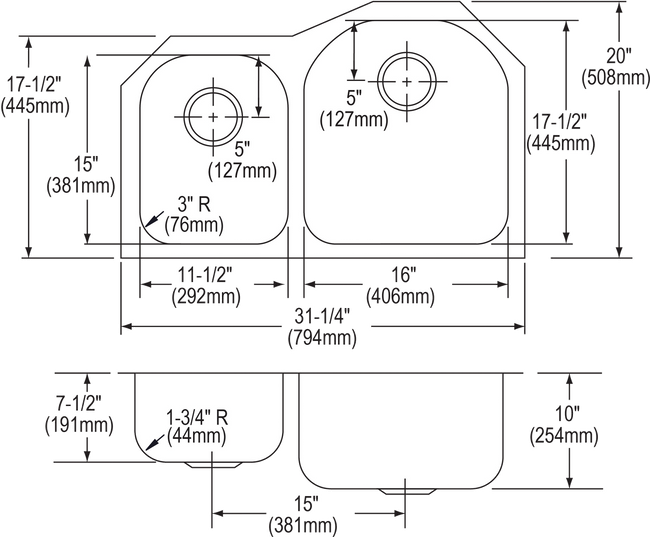 Elkay ELUH311910L - Elkay Lustertone Classic Stainless Steel 31-1/4" x 20" x 10", Offset 40/60 Doubl
