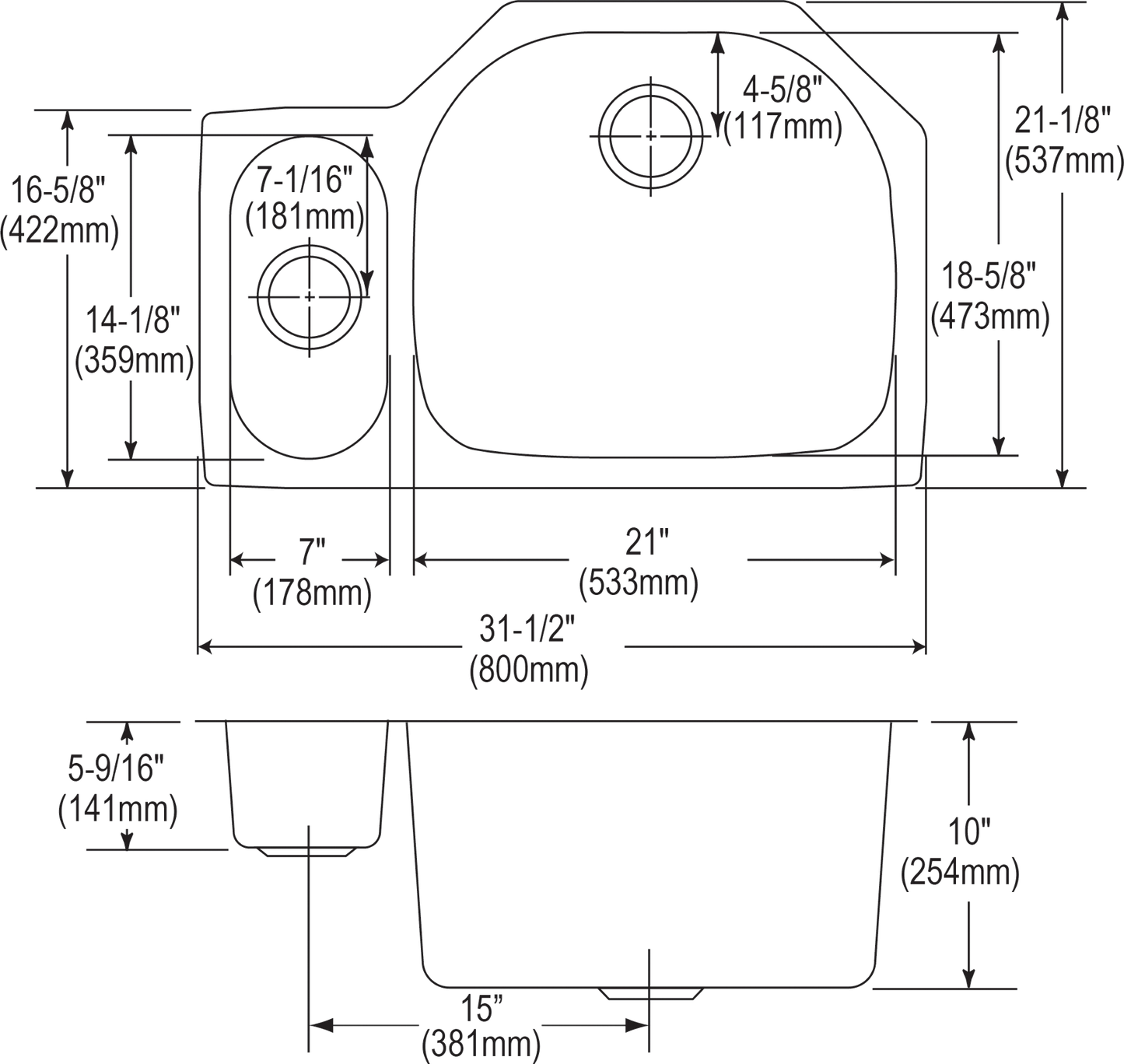 Elkay ELUH322110L - Elkay Lustertone Classic Stainless Steel 31-1/2" x 21-1/8" x 10", 30/70 Offset D