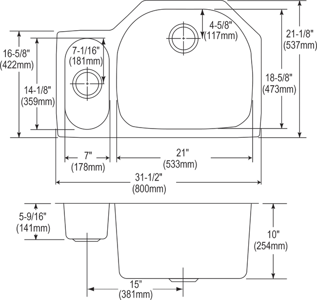 Elkay ELUH322110L - Elkay Lustertone Classic Stainless Steel 31-1/2" x 21-1/8" x 10", 30/70 Offset D