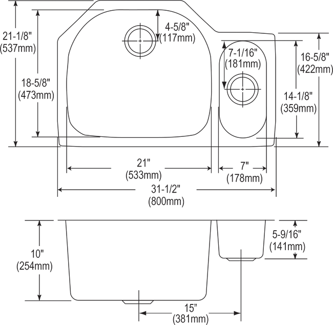 Elkay ELUH322110R - Elkay Lustertone Classic Stainless Steel 31-1/2" x 21-1/8" x 10", Offset 70/30 D