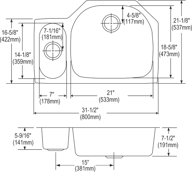 Elkay ELUH3221L - Elkay Lustertone Classic Stainless Steel, 31-1/2" x 21-1/8" x 7-1/2", 30/70 Offset