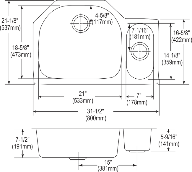 Elkay ELUH3221R - Elkay Lustertone Classic Stainless Steel 31-1/2" x 21-1/8" x 7-1/2", Offset 70/30