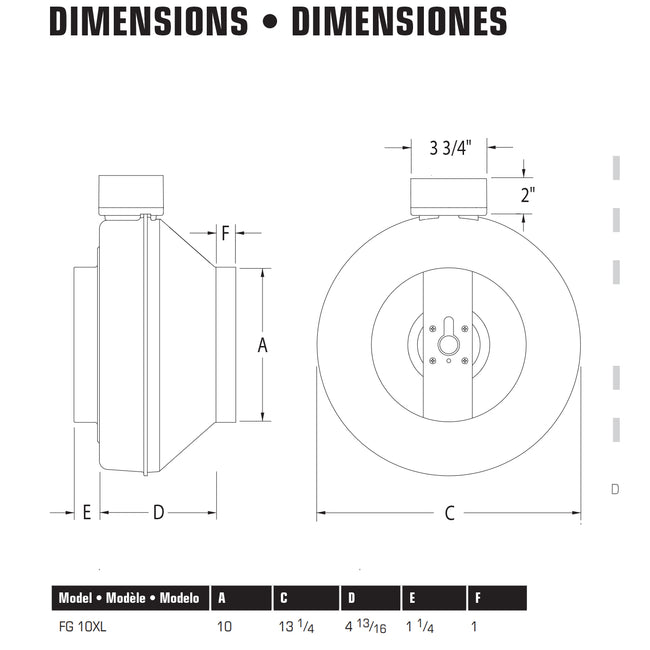 Fantech FG10XL - 10" Inline Centrifugal Duct Fan, Metal Housing